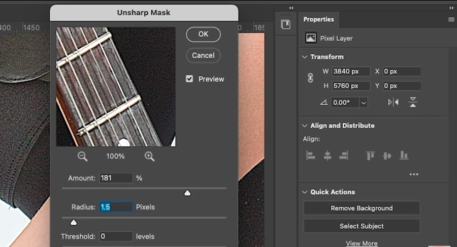 how to adjust the settings for sharpen image in photoshop