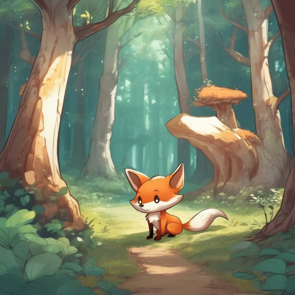 Adorable chibi fox in a scenic forest