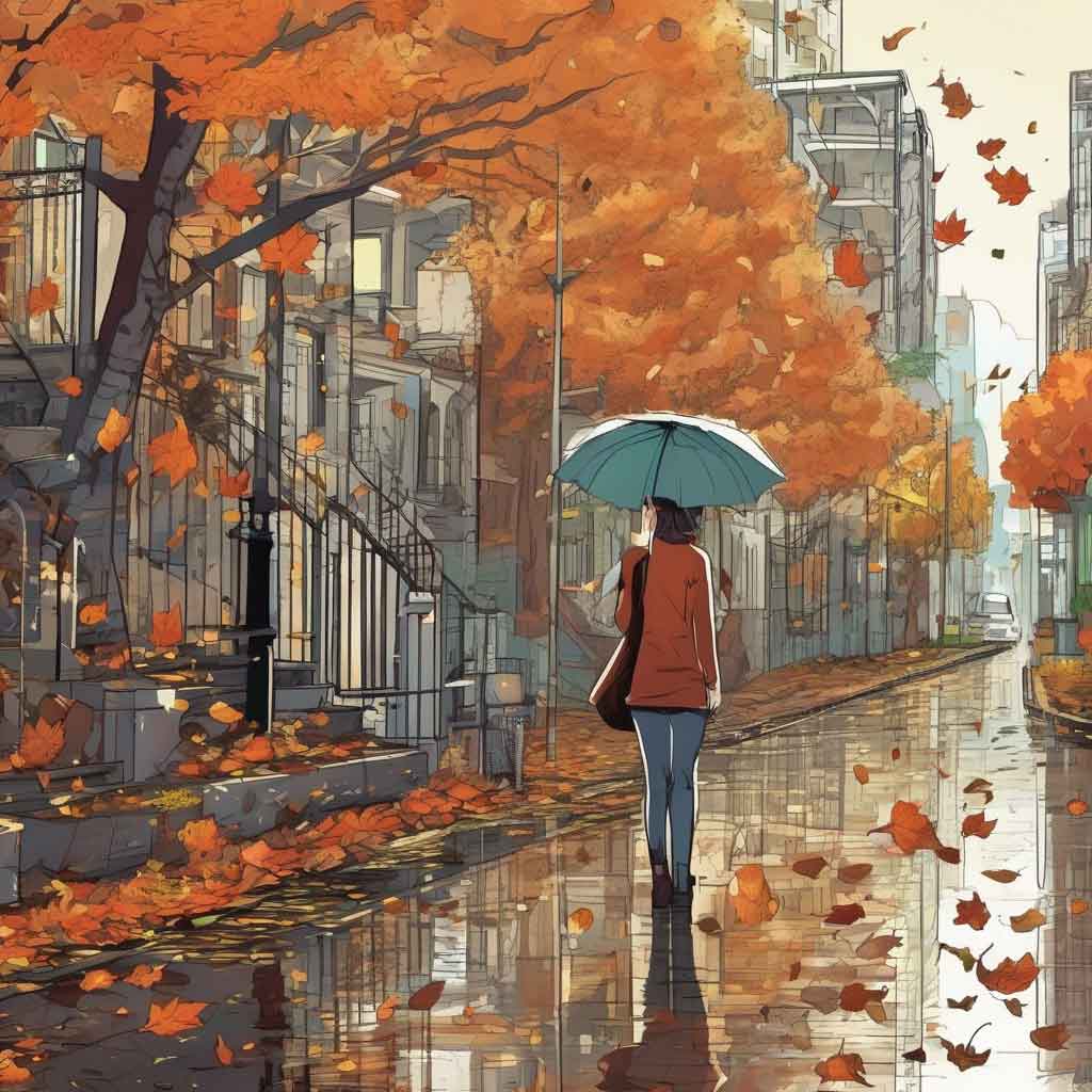 Autumn city, falling leaves, it raining