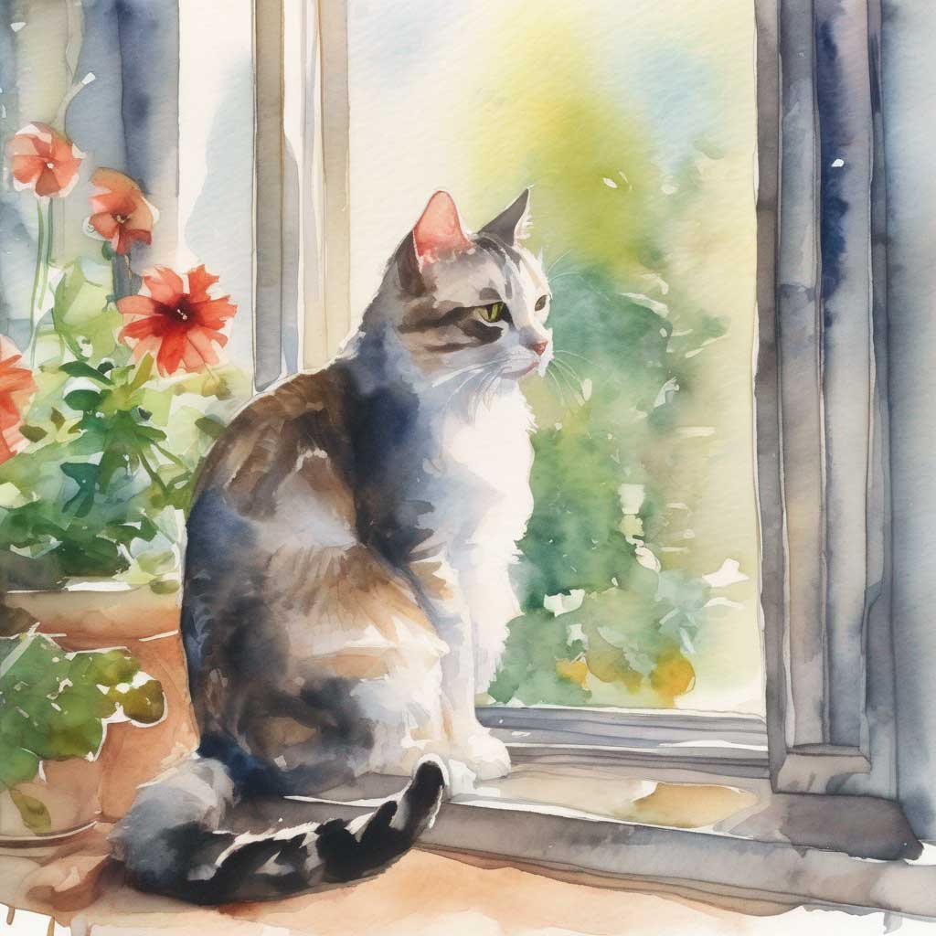 cute cat sitting on a windowsill and looking at the window overlooking the garden