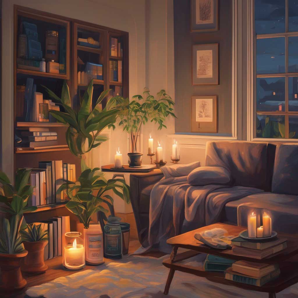 modern cozy room at night with candles, books, and plants